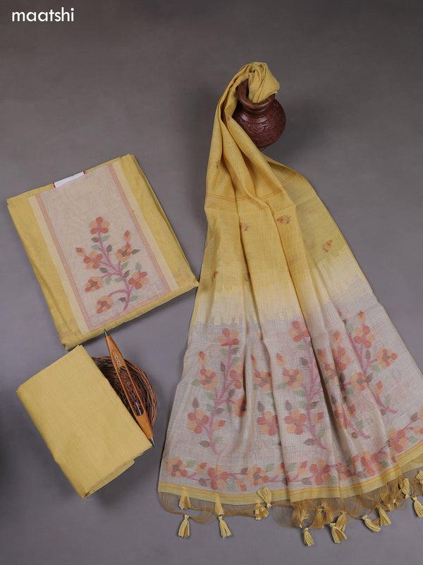 Yellow Munga Cotton Dress Material With Thread & Zari Weaves
