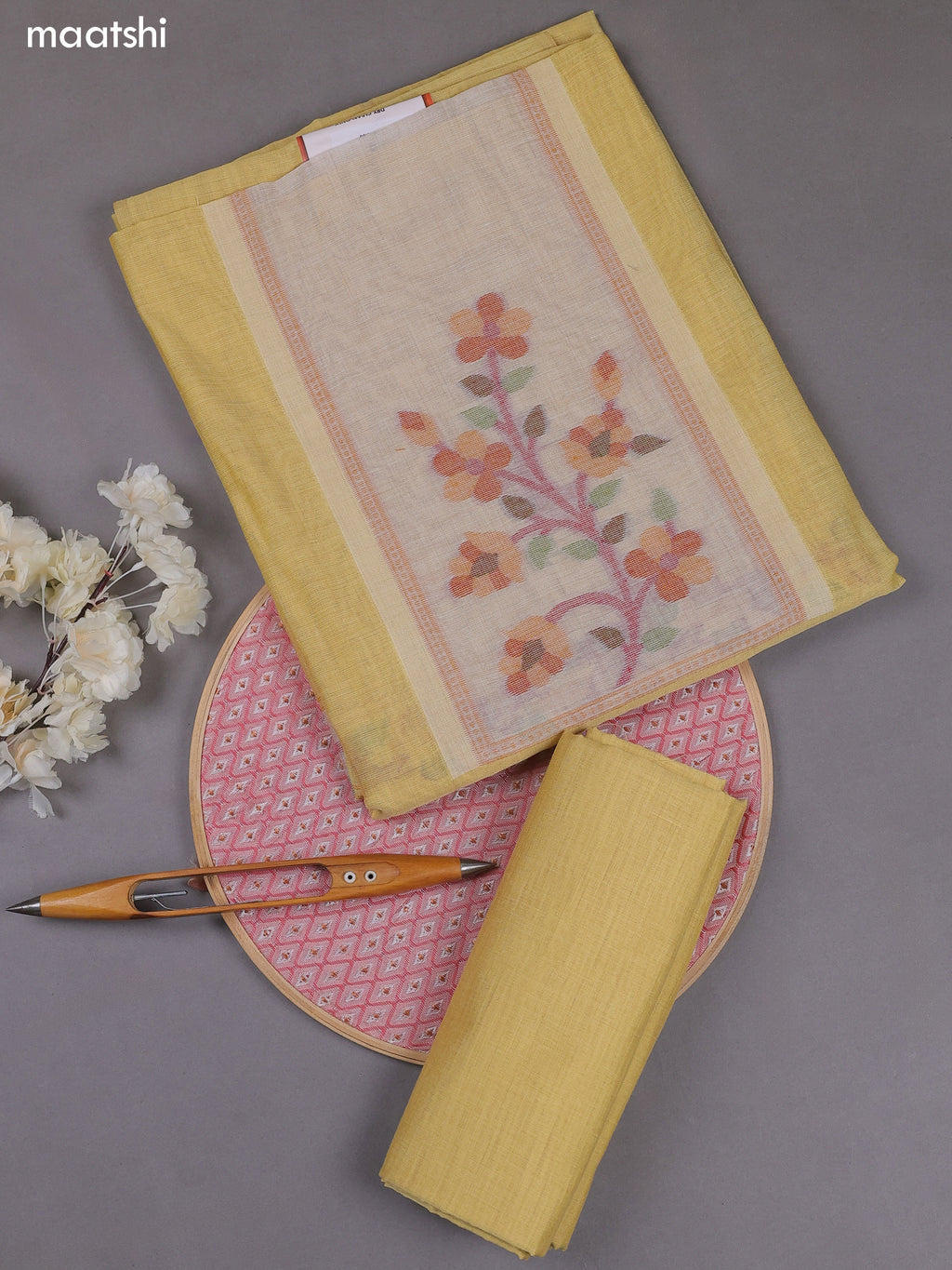 Yellow Munga Cotton Dress Material With Thread & Zari Weaves
