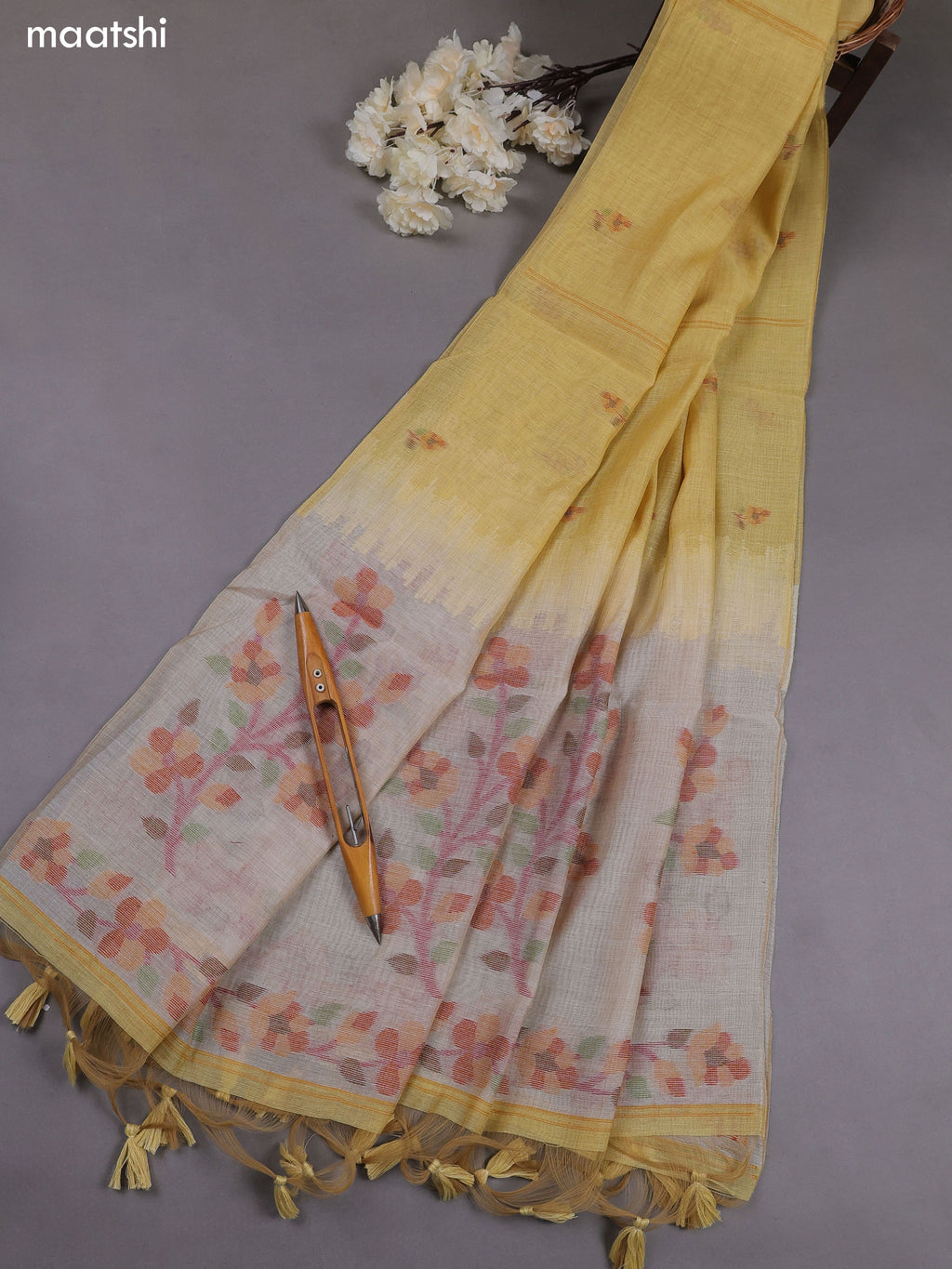 Yellow Munga Cotton Dress Material With Thread & Zari Weaves