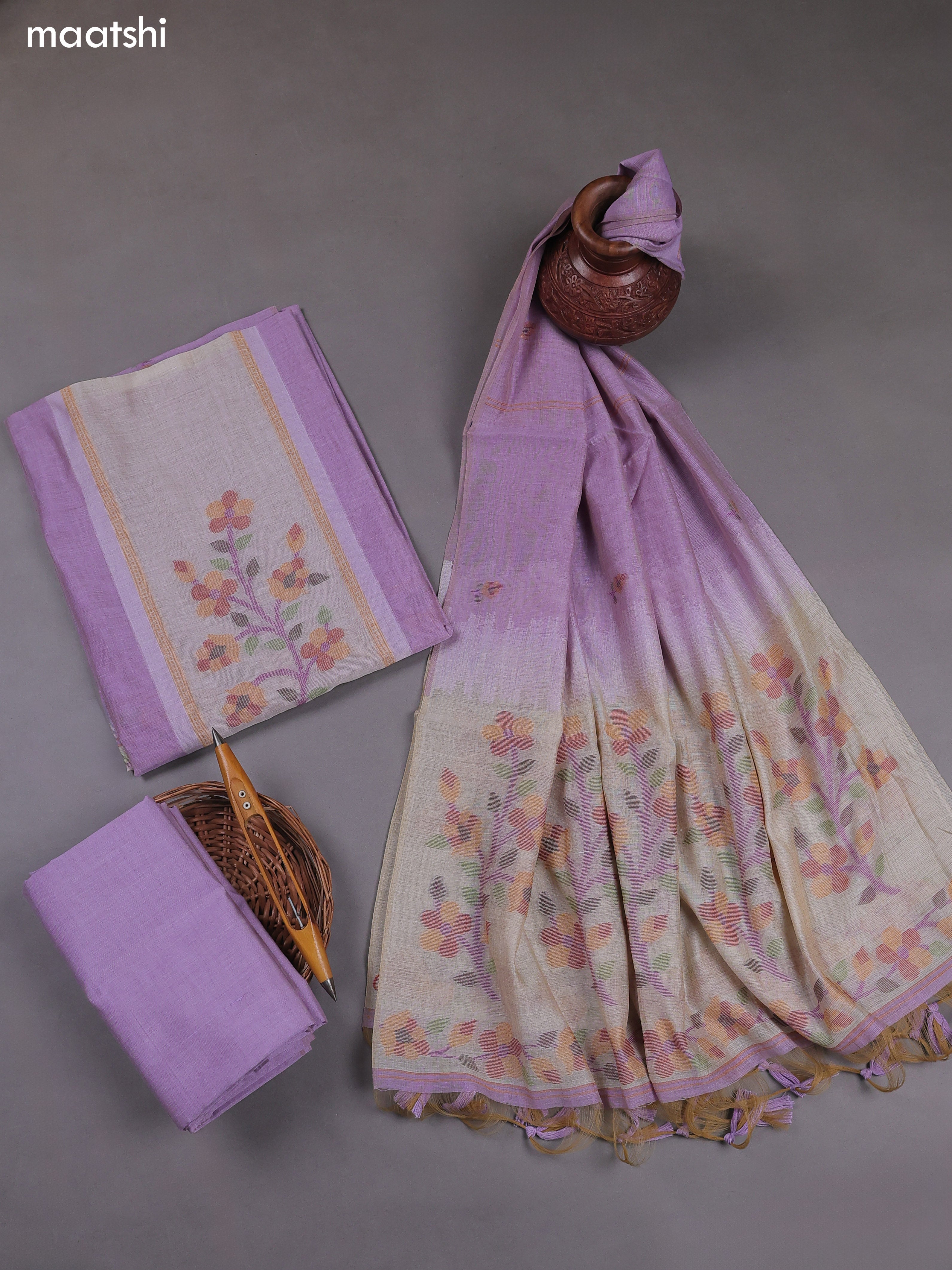 Lavender Munga Cotton Dress Material With Thread & Zari Weaves