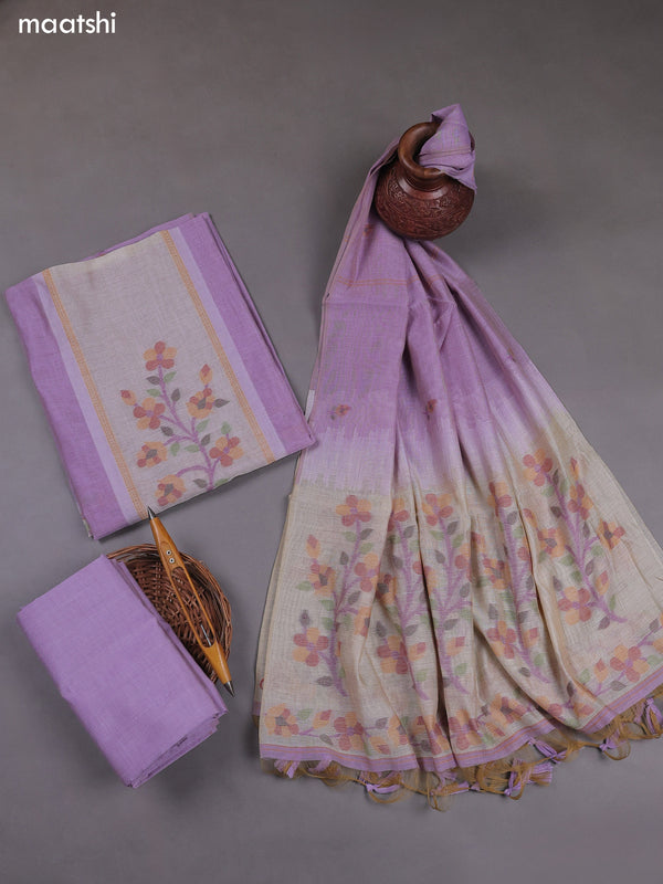 Lavender Munga Cotton Dress Material With Thread & Zari Weaves