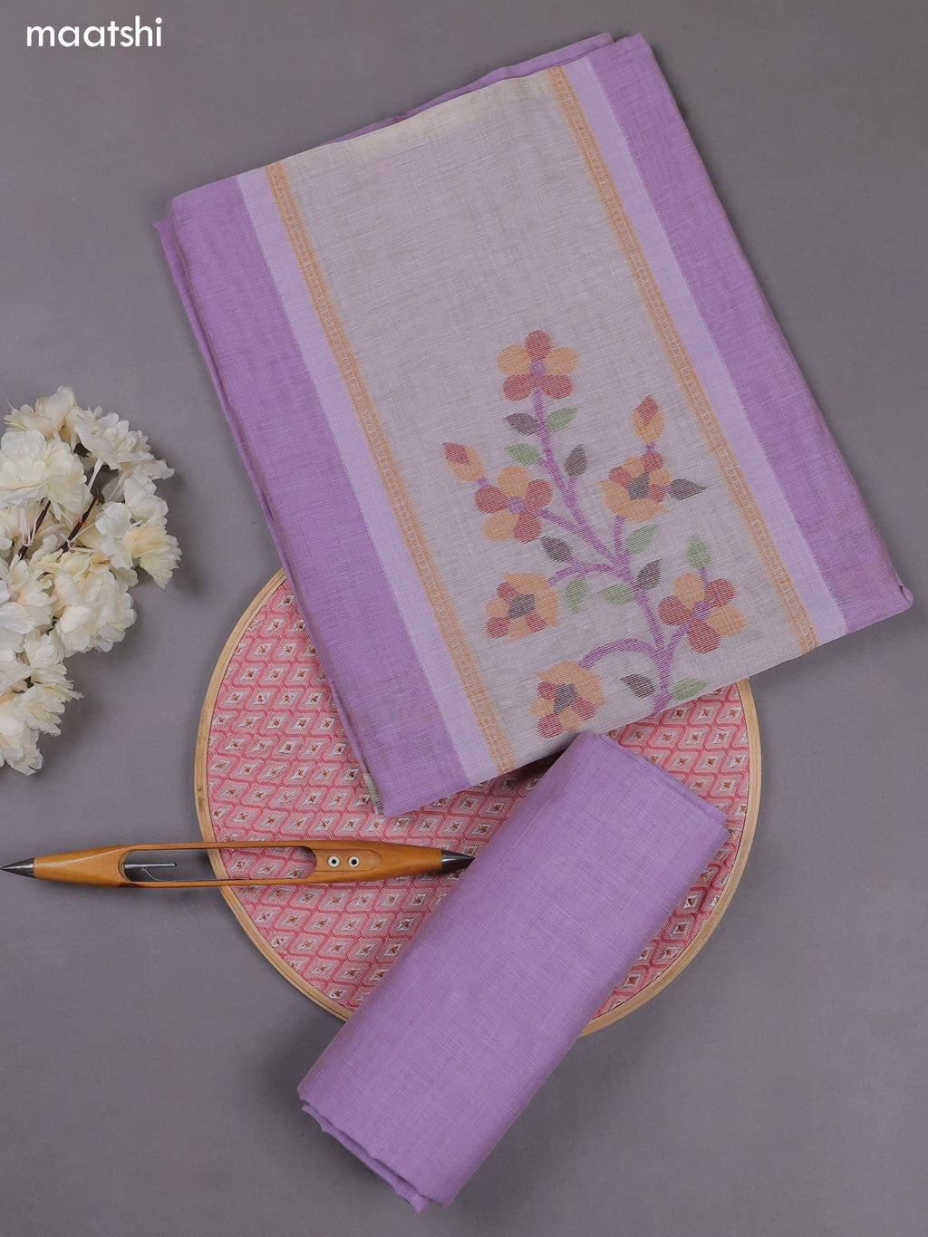 Lavender Munga Cotton Dress Material With Thread & Zari Weaves