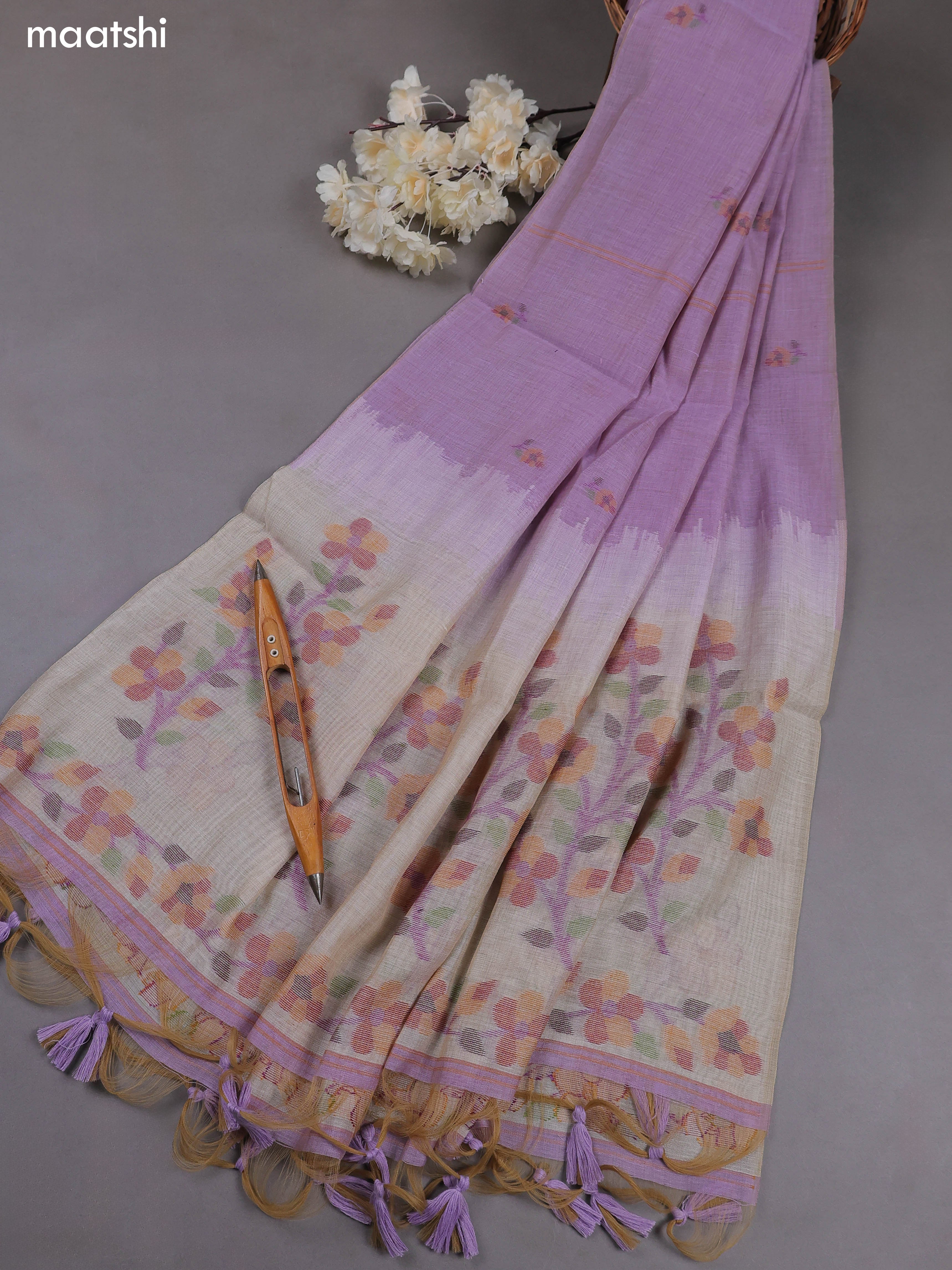 Lavender Munga Cotton Dress Material With Thread & Zari Weaves