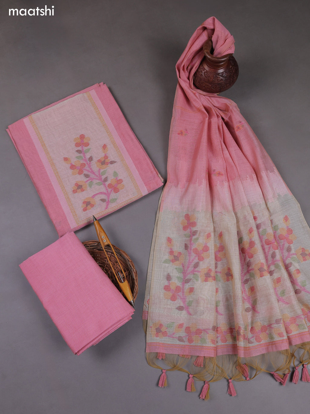 Pink Munga Cotton Dress Material With Thread & Zari Weaves