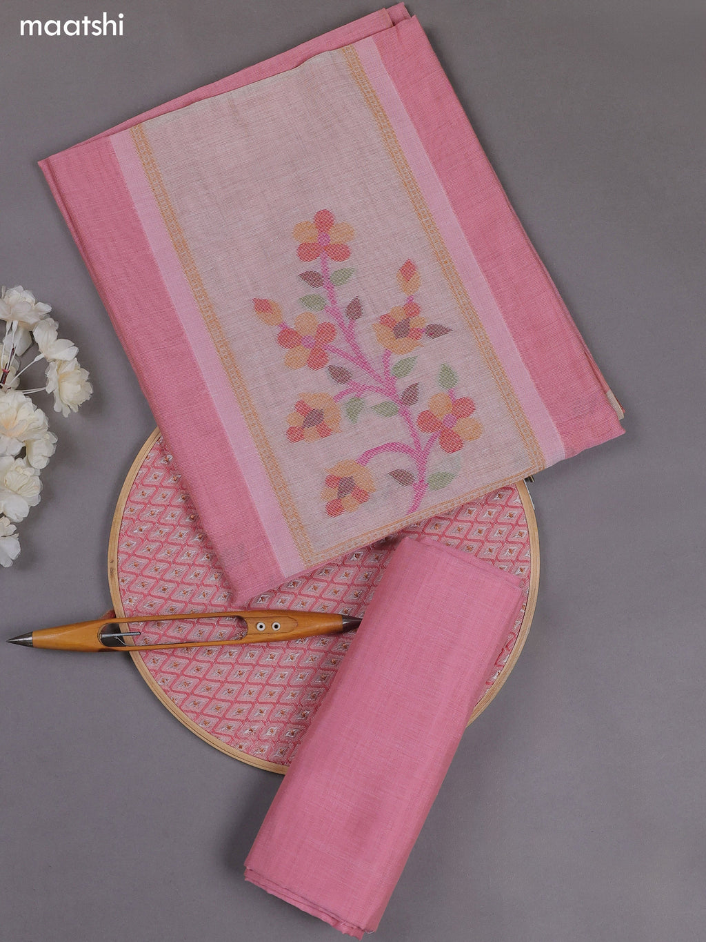 Pink Munga Cotton Dress Material With Thread & Zari Weaves