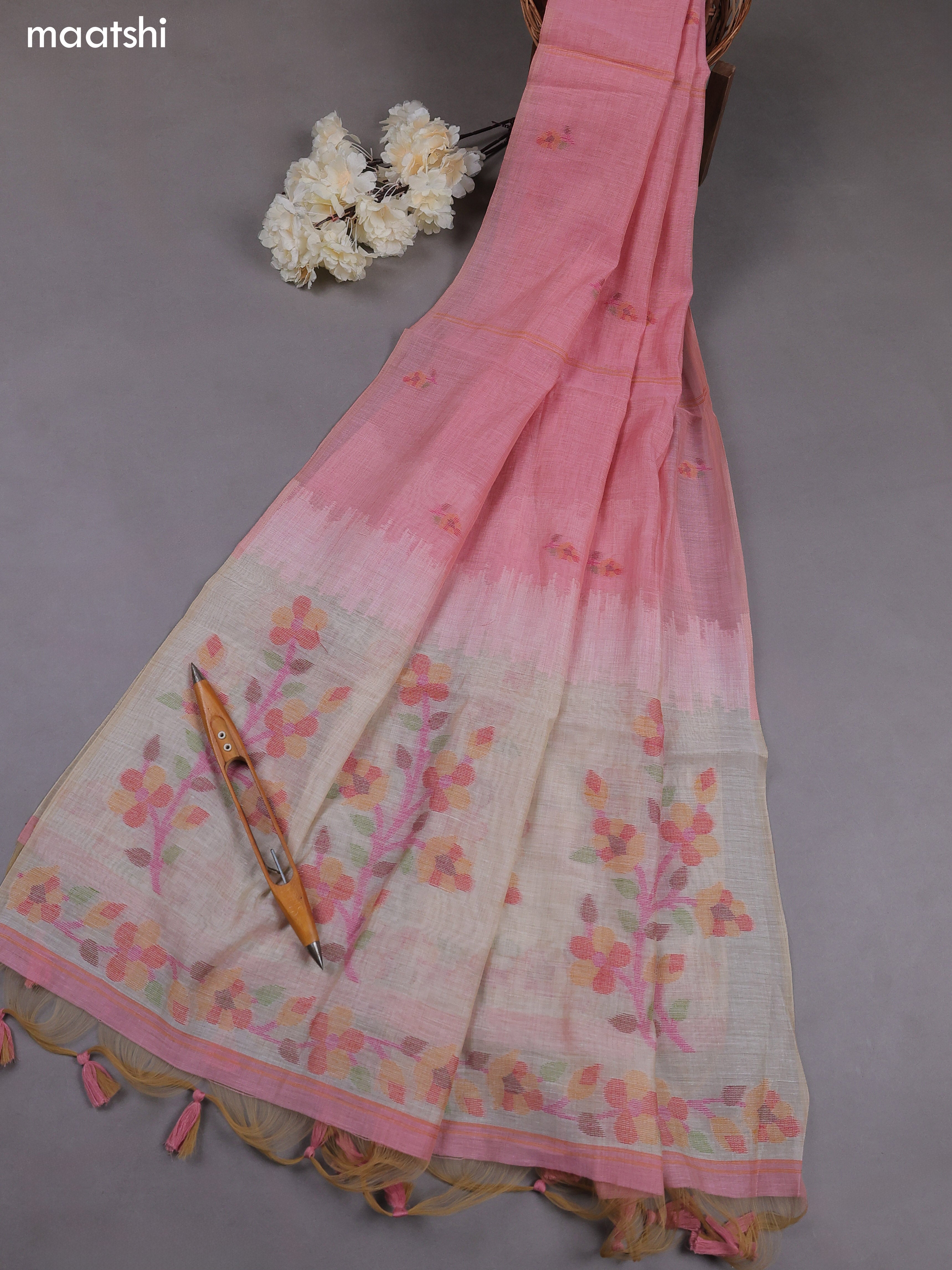 Pink Munga Cotton Dress Material With Thread & Zari Weaves