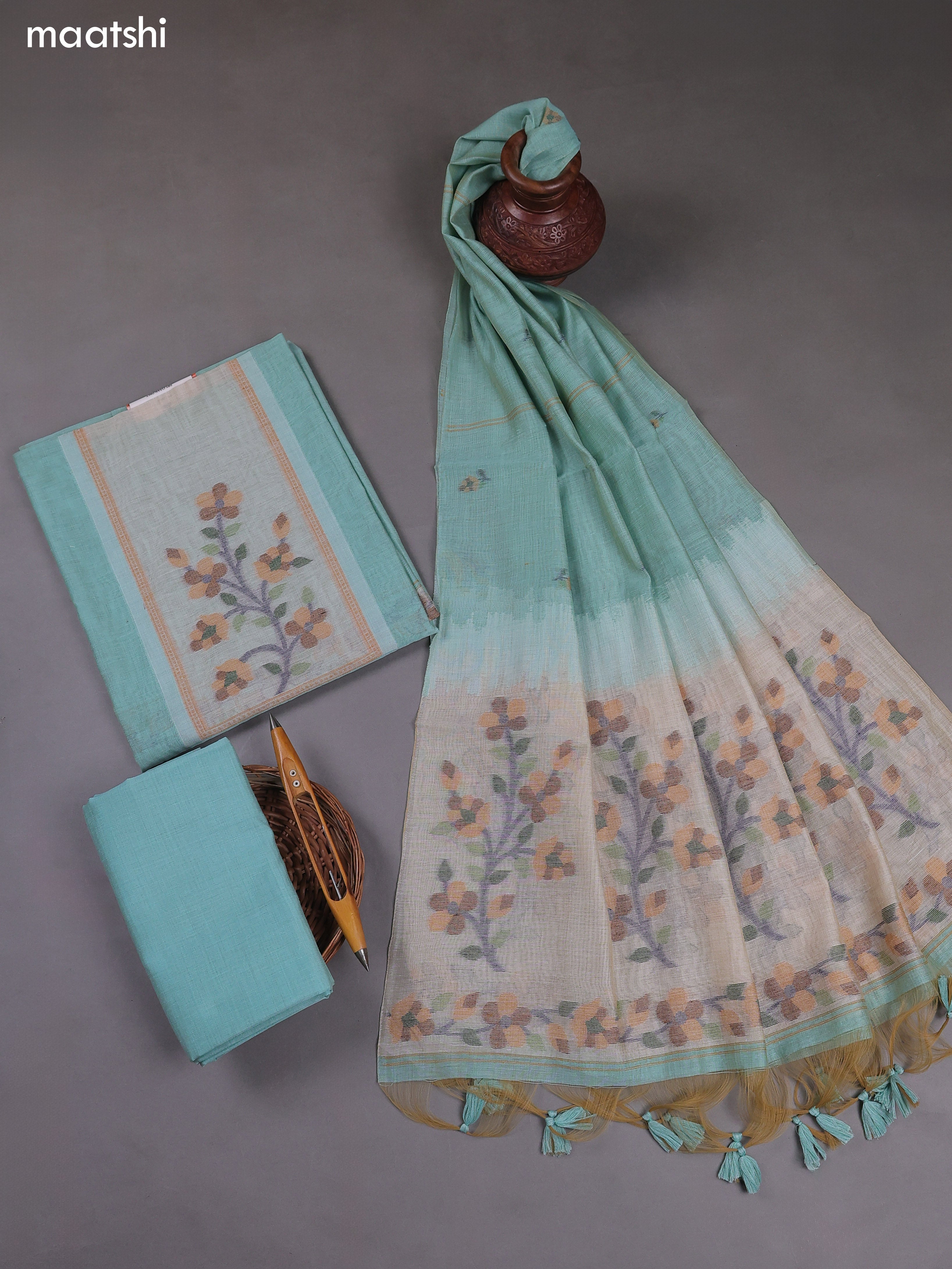 Teal Blue Munga Cotton Dress Material With Thread & Zari Weaves