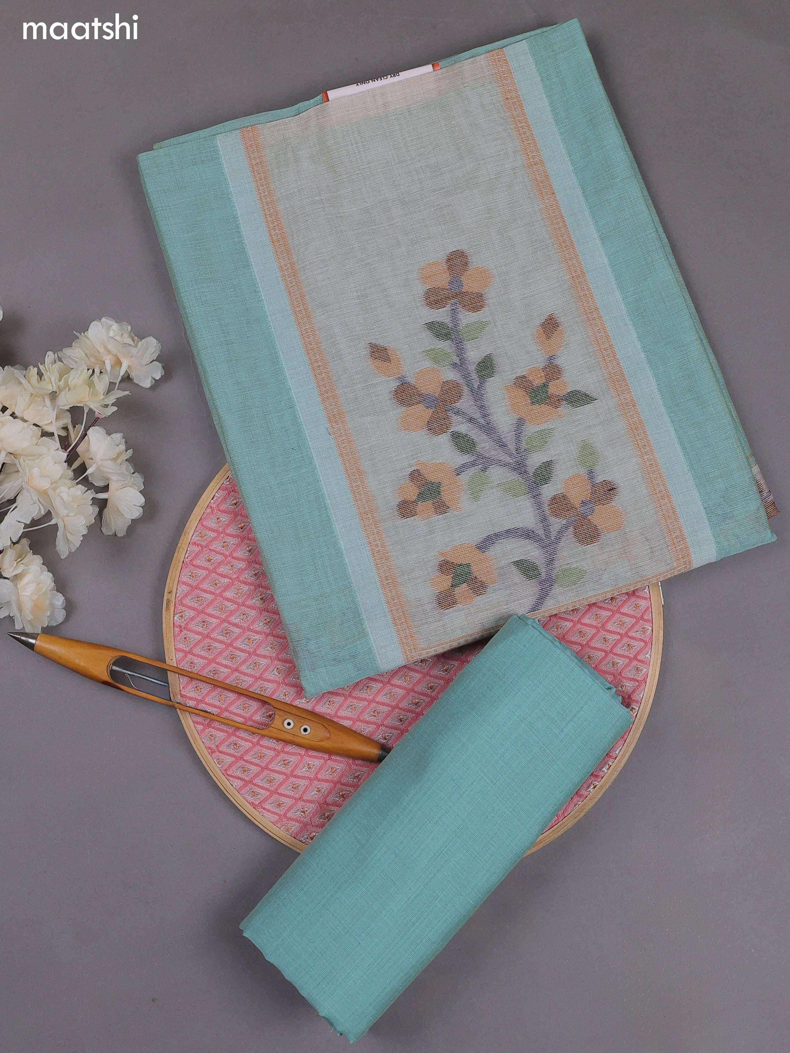 Teal Blue Munga Cotton Dress Material With Thread & Zari Weaves
