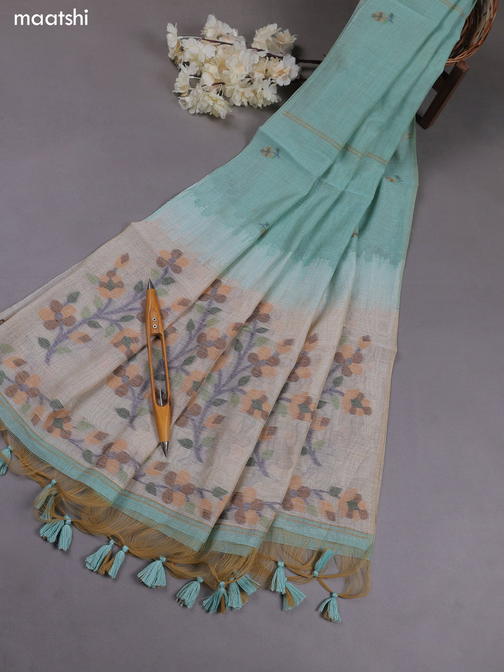 Teal Blue Munga Cotton Dress Material With Thread & Zari Weaves
