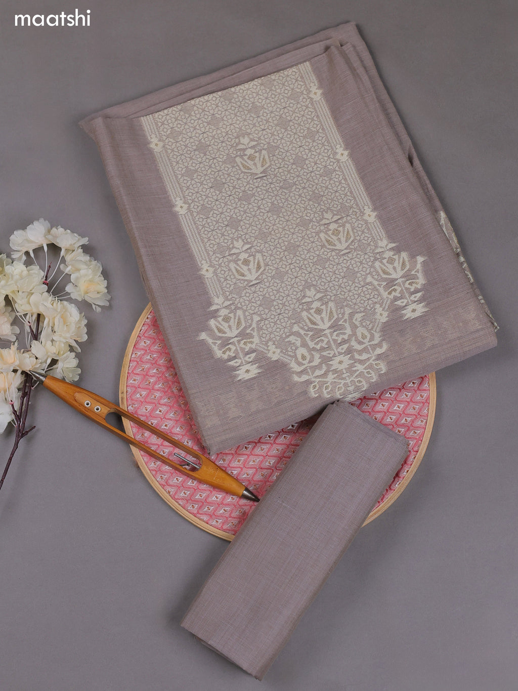 Pastel Brown Munga Cotton Dress Material With Thread & Zari Weaves
