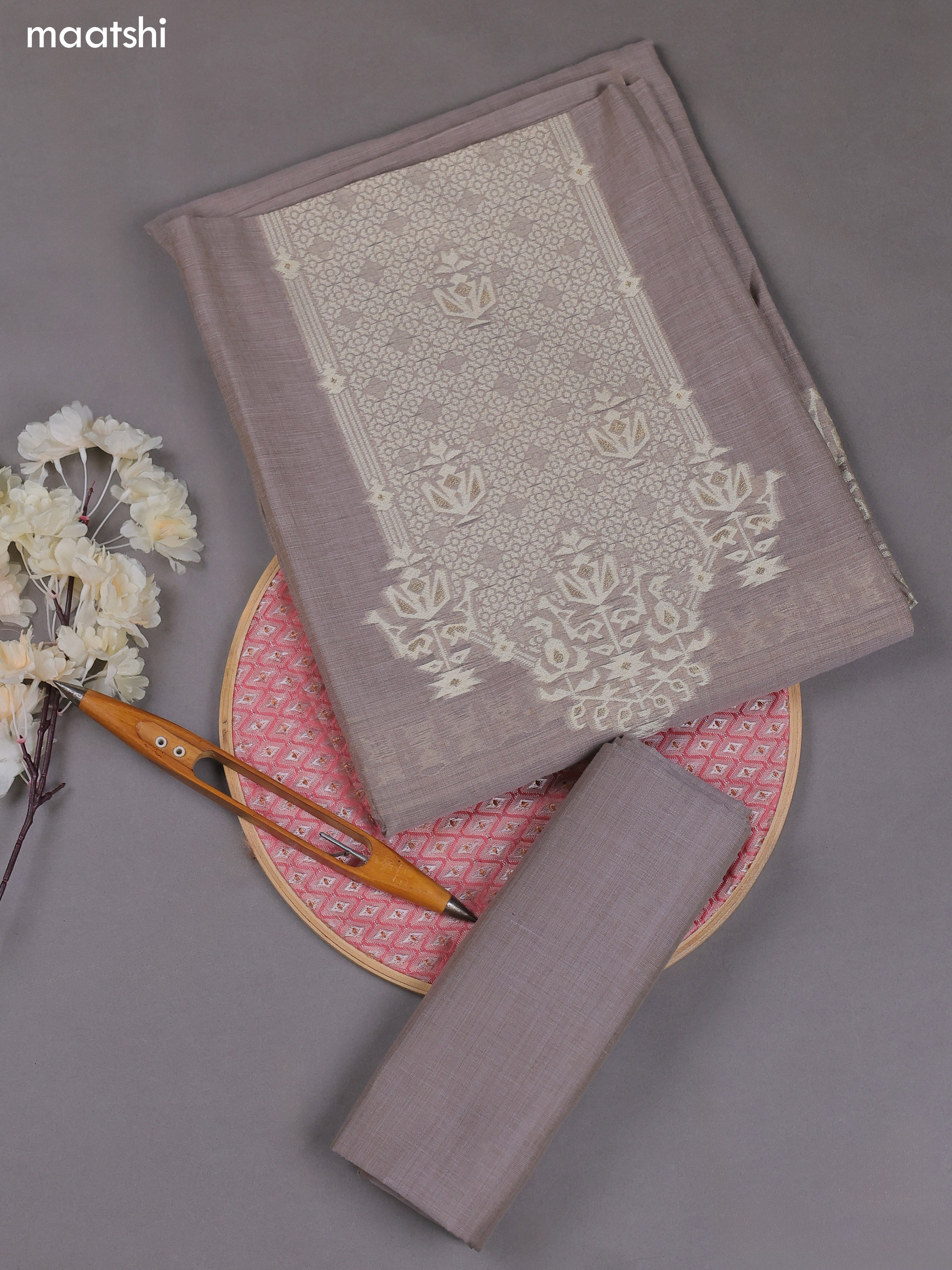 Pastel Brown Munga Cotton Dress Material With Thread & Zari Weaves