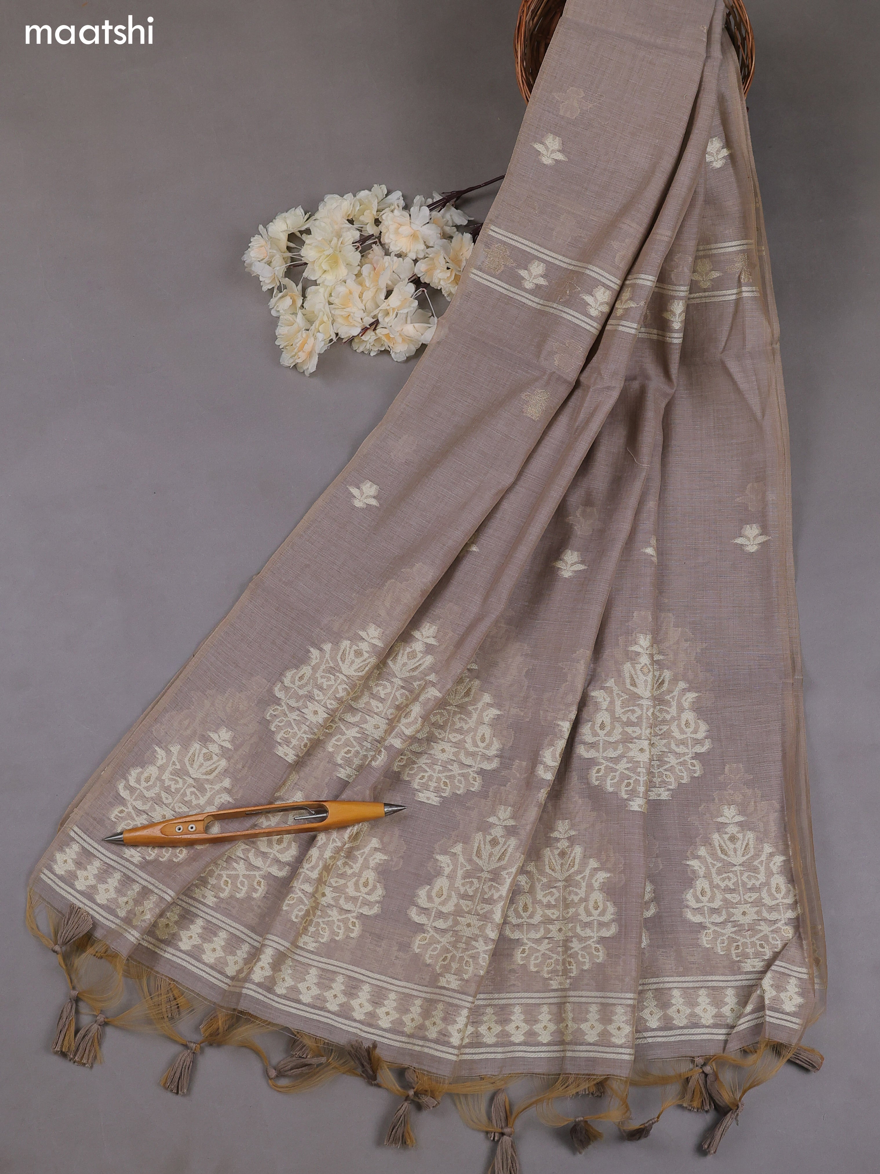 Pastel Brown Munga Cotton Dress Material With Thread & Zari Weaves