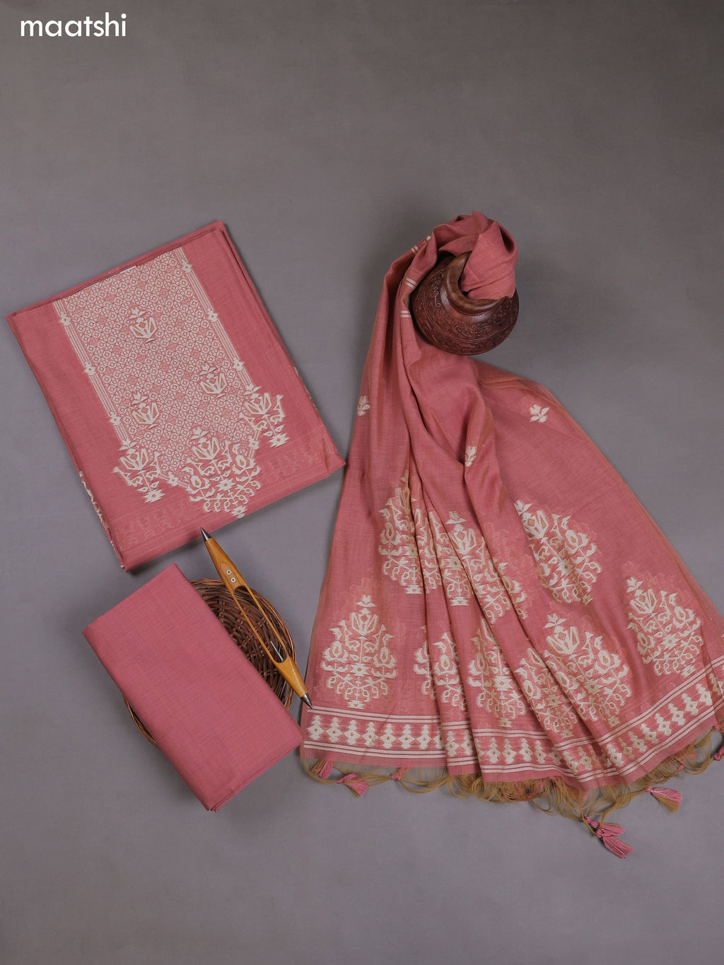 Mauve Pik Munga Cotton Dress Material With Thread & Zari Weaves