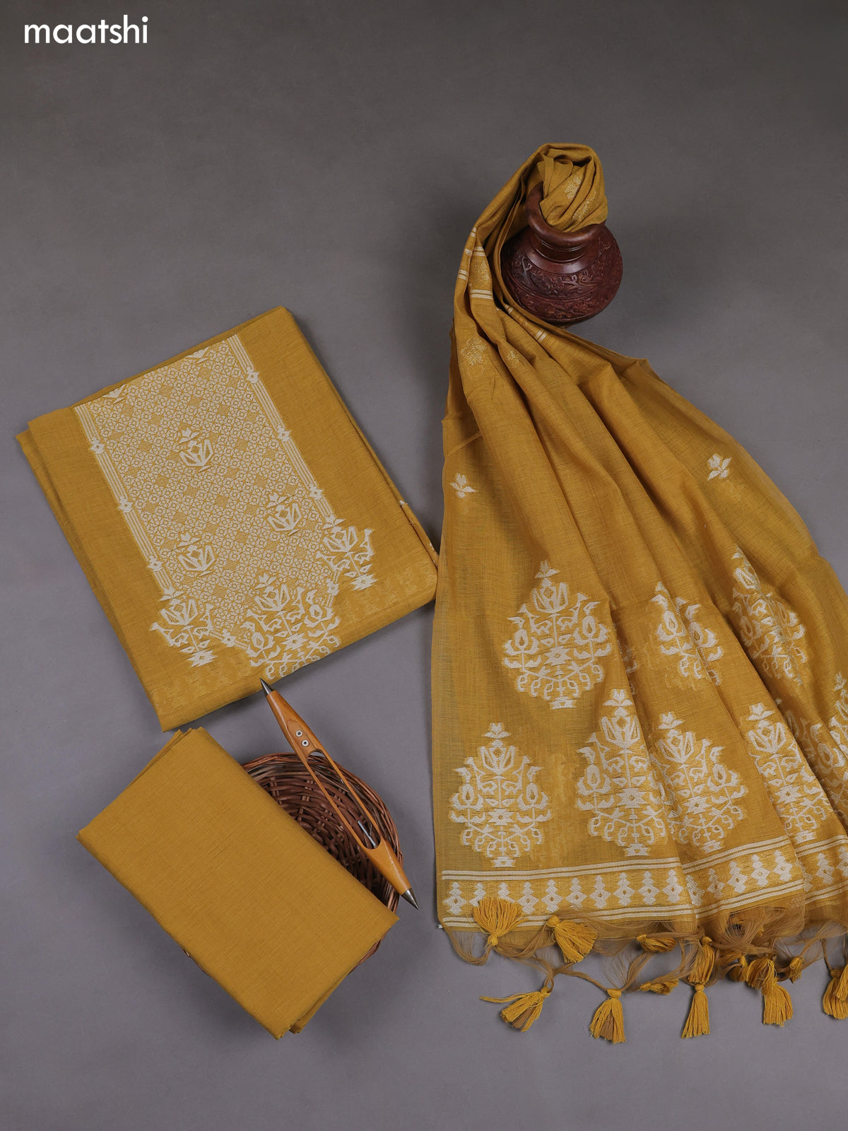Mustard Yellow Munga Cotton Dress Material With Thread & Zari Weaves