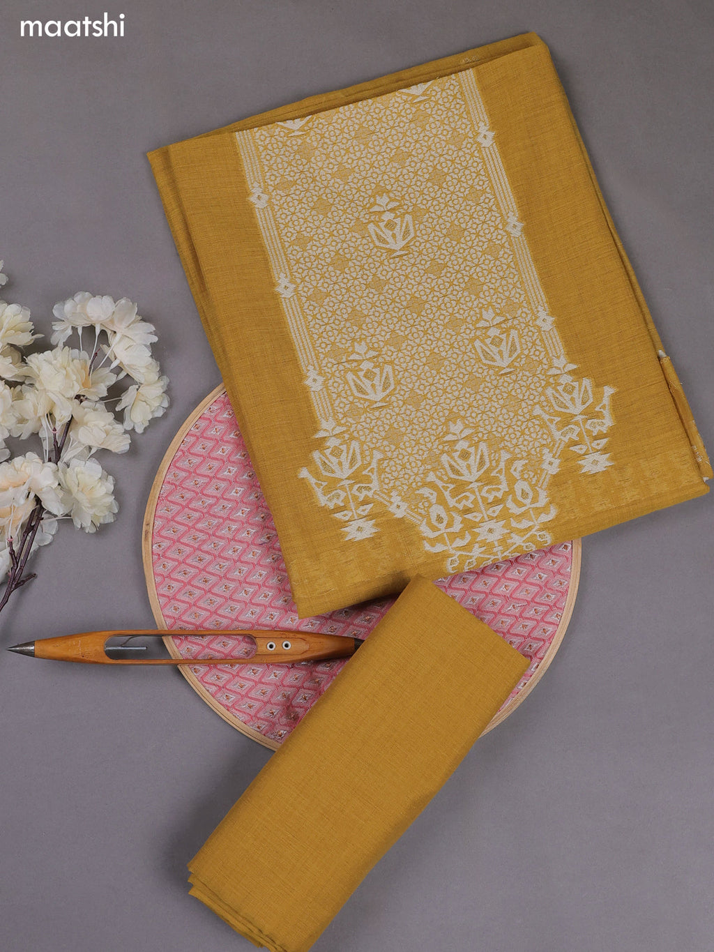 Mustard Yellow Munga Cotton Dress Material With Thread & Zari Weaves