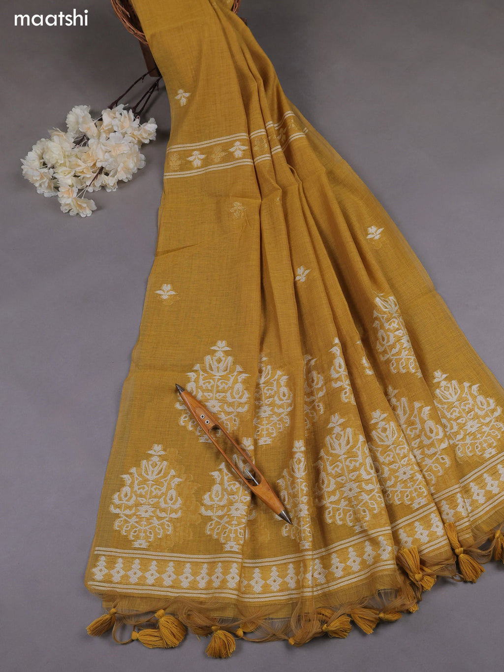 Mustard Yellow Munga Cotton Dress Material With Thread & Zari Weaves