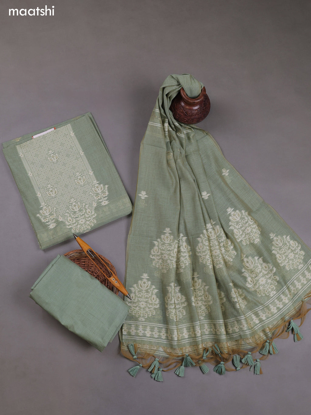 Pastel Green Munga Cotton Dress Material With Thread & Zari Weaves