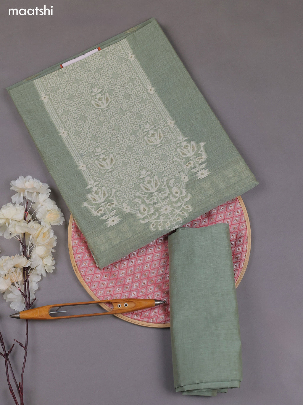 Pastel Green Munga Cotton Dress Material With Thread & Zari Weaves