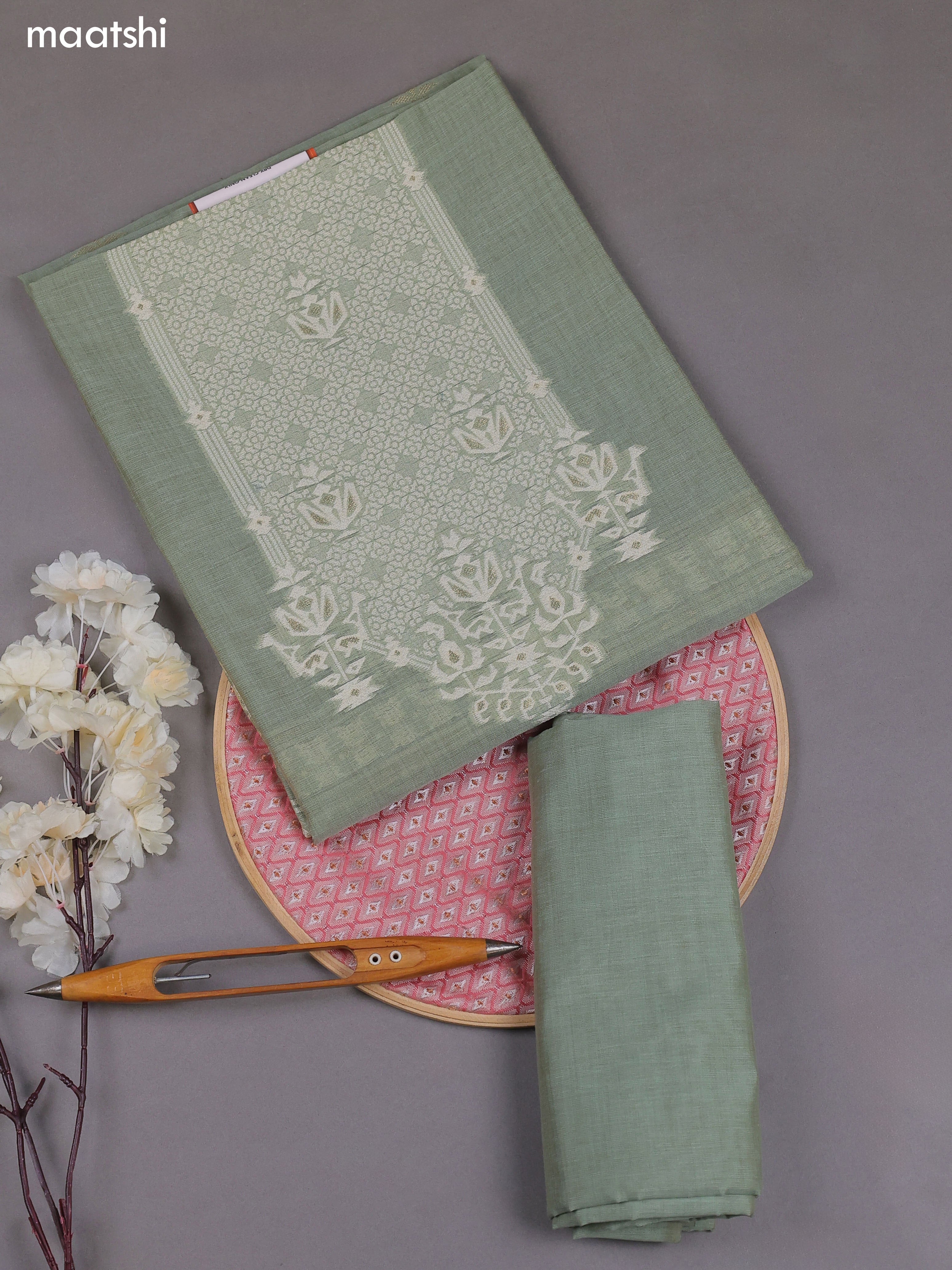 Pastel Green Munga Cotton Dress Material With Thread & Zari Weaves