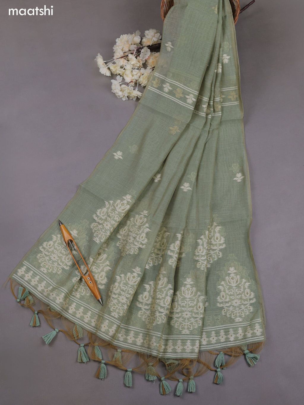 Pastel Green Munga Cotton Dress Material With Thread & Zari Weaves