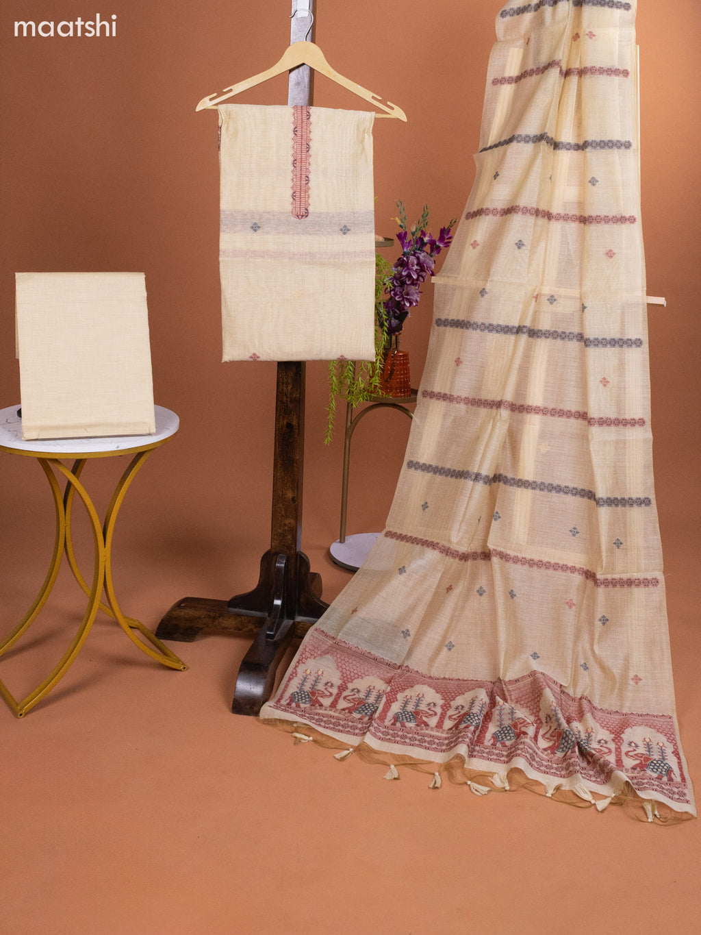 Cream and Red Munga Cotton Dress Material With Thread Weaves and Bottom & Dupatta