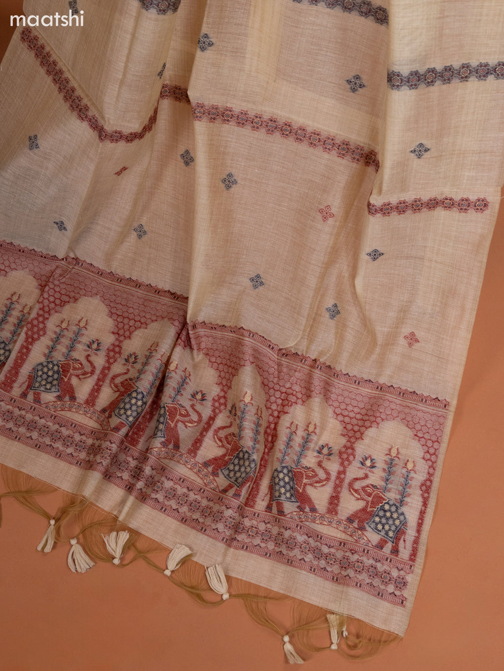 Cream and Red Munga Cotton Dress Material With Thread Weaves and Bottom & Dupatta