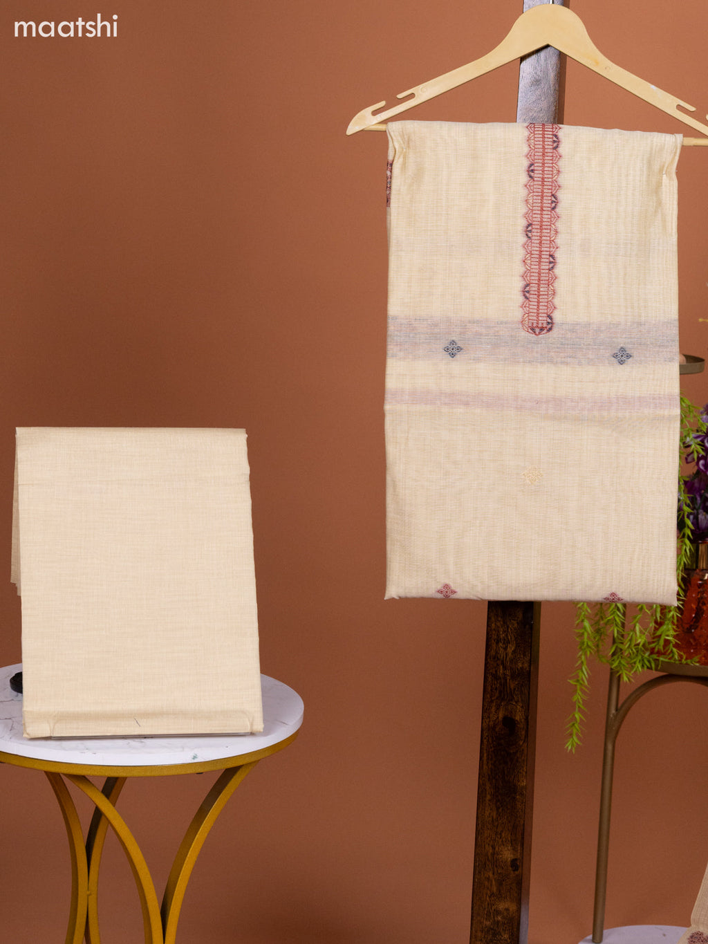 Cream and Red Munga Cotton Dress Material With Thread Weaves and Bottom & Dupatta
