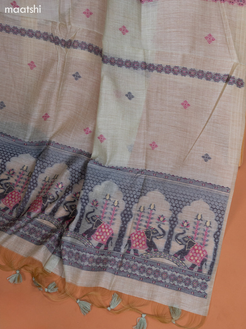 Pastel Green and Black Munga Cotton Dress Material With Thread Weaves and Bottom & Dupatta