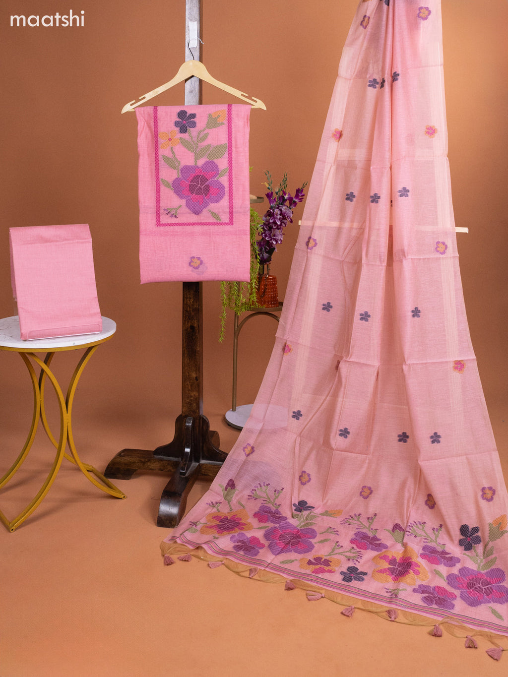 Pink Munga Cotton Dress Material With Woven Buttas & Embroidery Work Pattern and Bottom & Dupatta