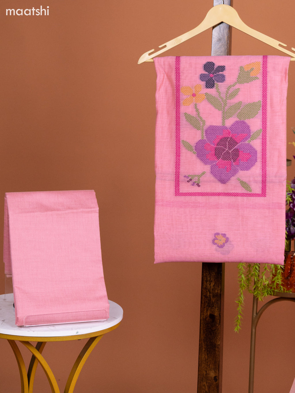 Pink Munga Cotton Dress Material With Woven Buttas & Embroidery Work Pattern and Bottom & Dupatta