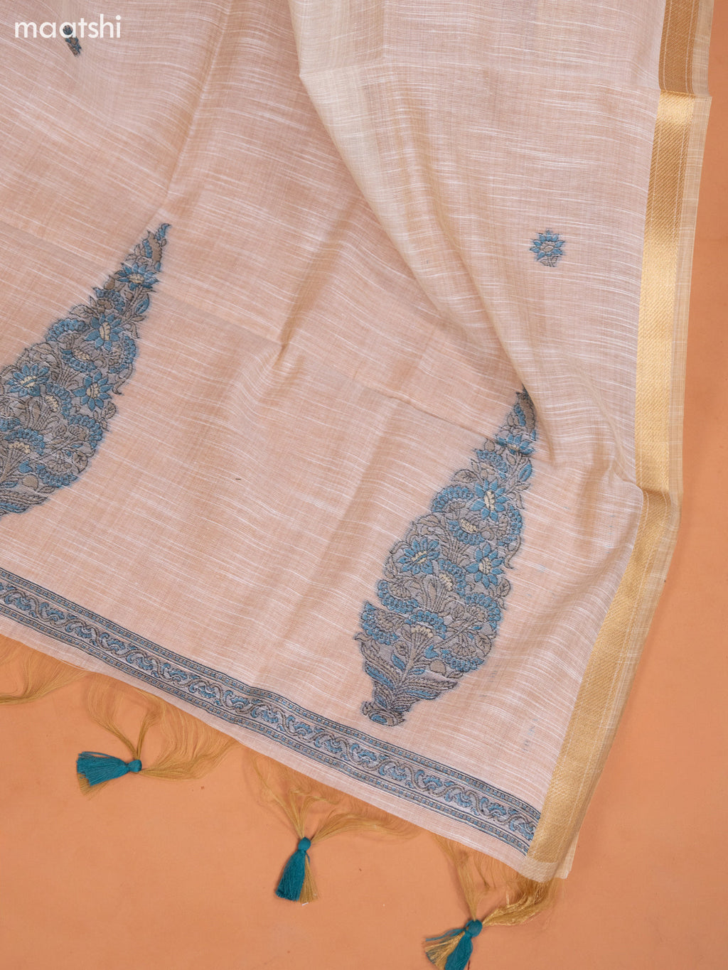 Off White and Peacock Green Munga Cotton Dress Material With Woven Buttas & Embroidery Work Pattern and Bottom & Dupatta