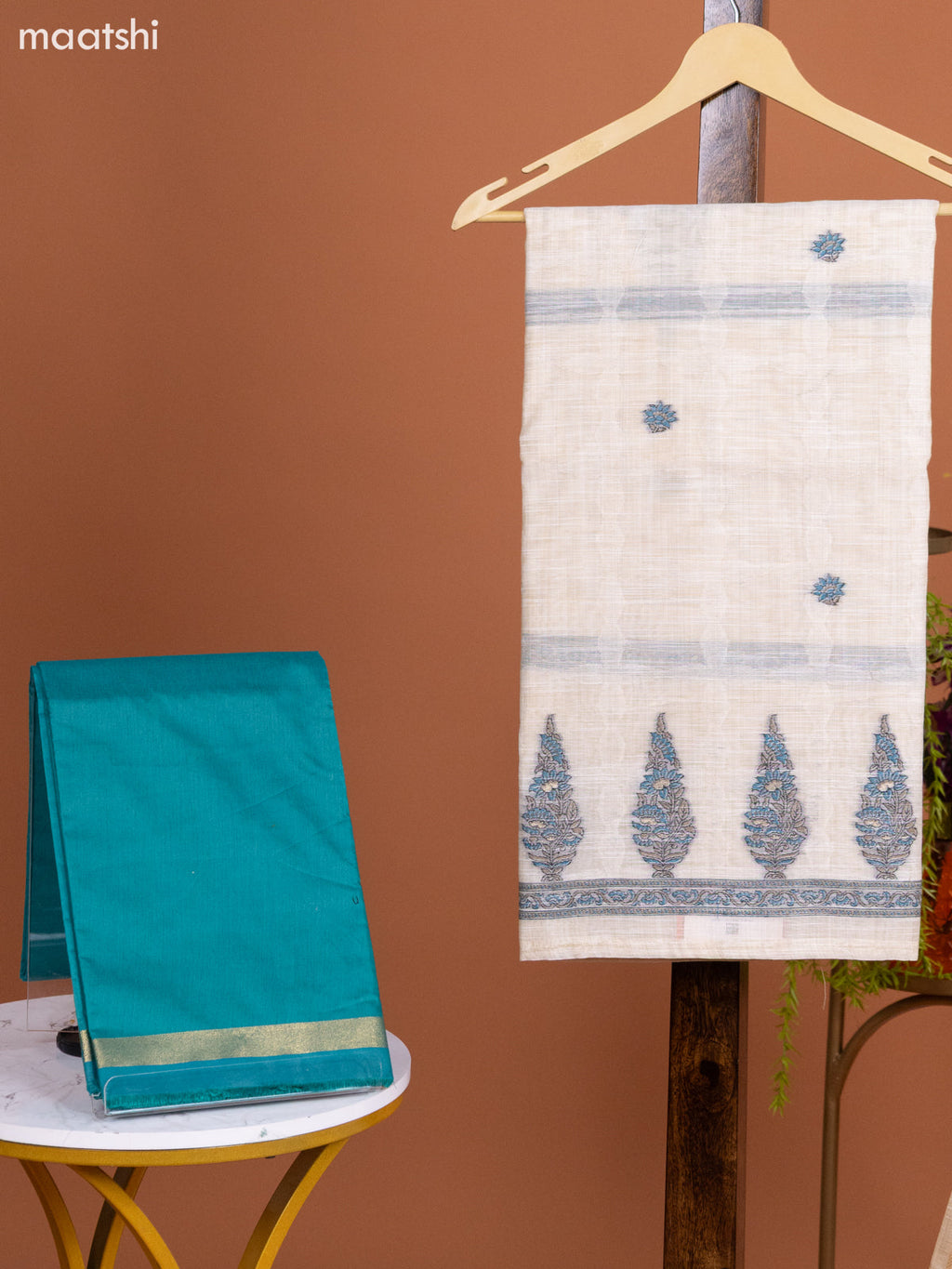 Off White and Peacock Green Munga Cotton Dress Material With Woven Buttas & Embroidery Work Pattern and Bottom & Dupatta