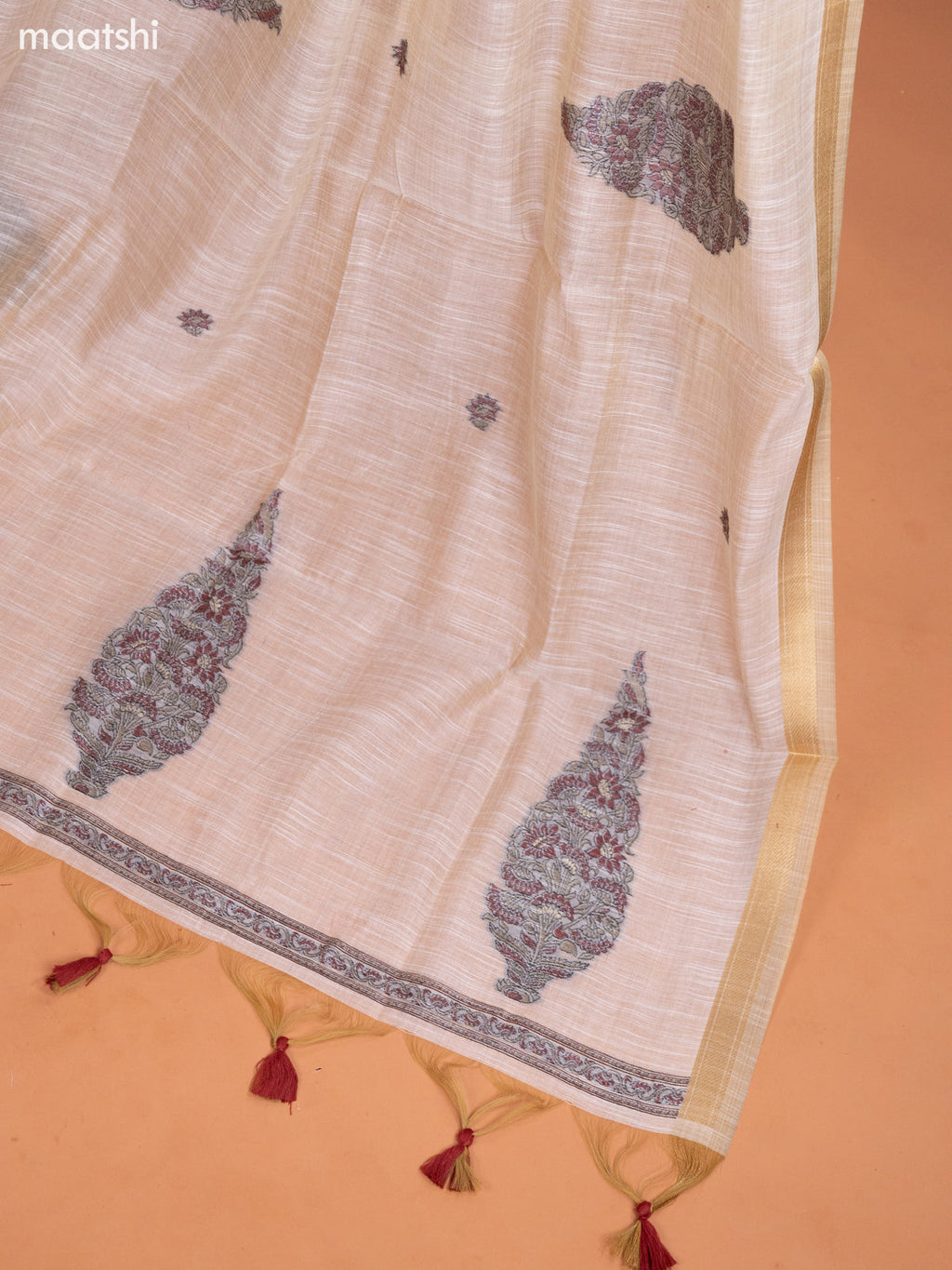 Off White and Maroon Munga Cotton Dress Material With Woven Buttas & Embroidery Work Pattern and Bottom & Dupatta