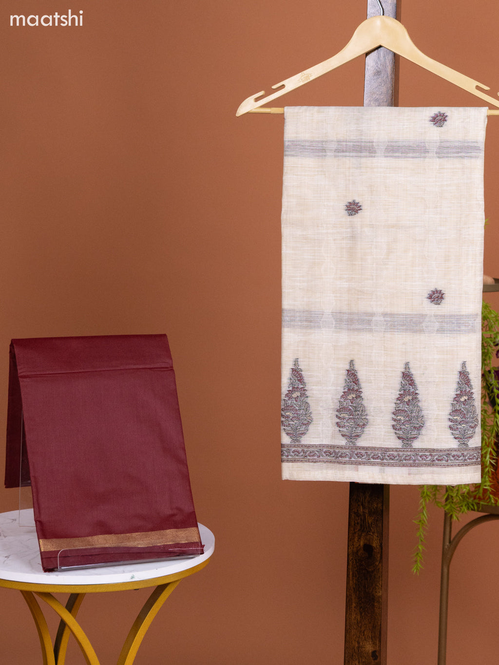 Off White and Maroon Munga Cotton Dress Material With Woven Buttas & Embroidery Work Pattern and Bottom & Dupatta
