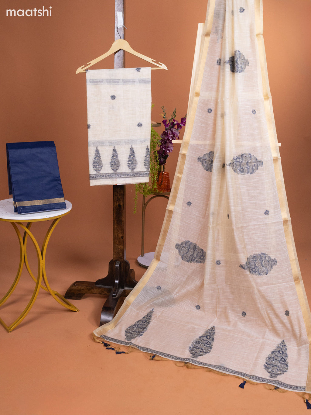 Off White and Navy Blue Munga Cotton Dress Material With Woven Buttas & Embroidery Work Pattern and Bottom & Dupatta