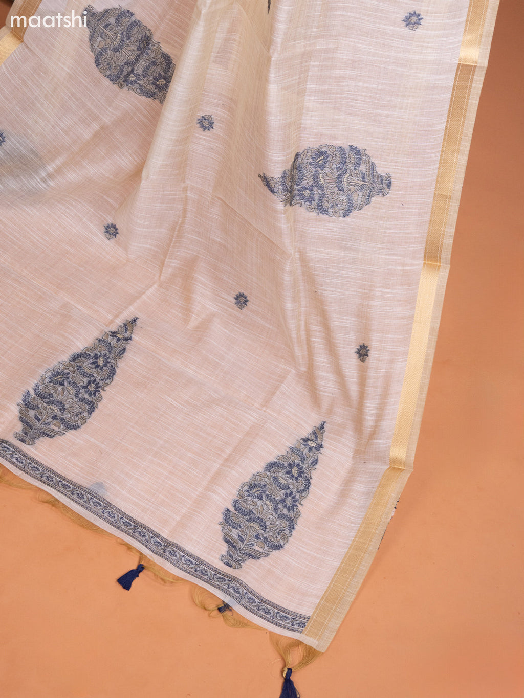 Off White and Navy Blue Munga Cotton Dress Material With Woven Buttas & Embroidery Work Pattern and Bottom & Dupatta