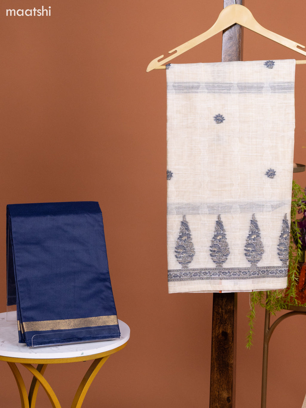 Off White and Navy Blue Munga Cotton Dress Material With Woven Buttas & Embroidery Work Pattern and Bottom & Dupatta