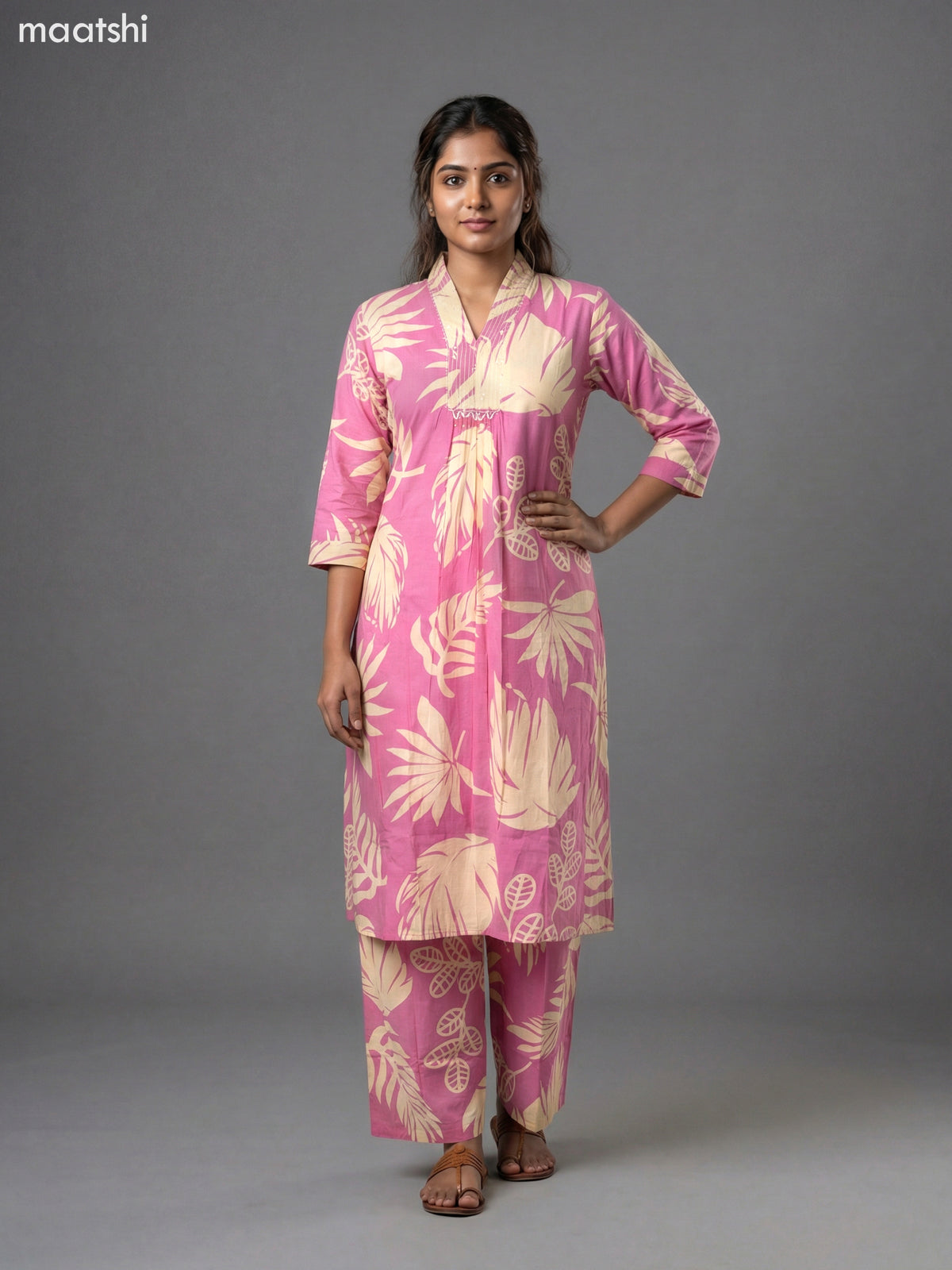 Peach Pink and Cream Royan Floral Printed Co-Ord Set