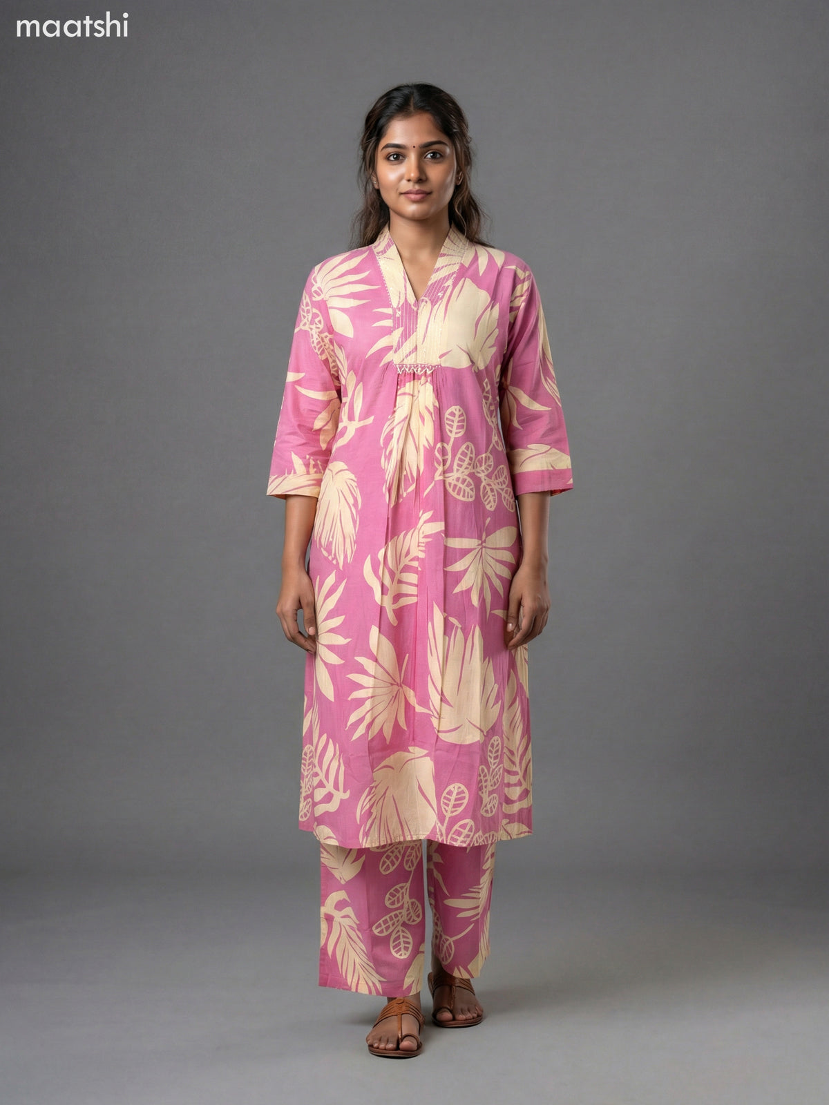 Peach Pink and Cream Royan Floral Printed Co-Ord Set