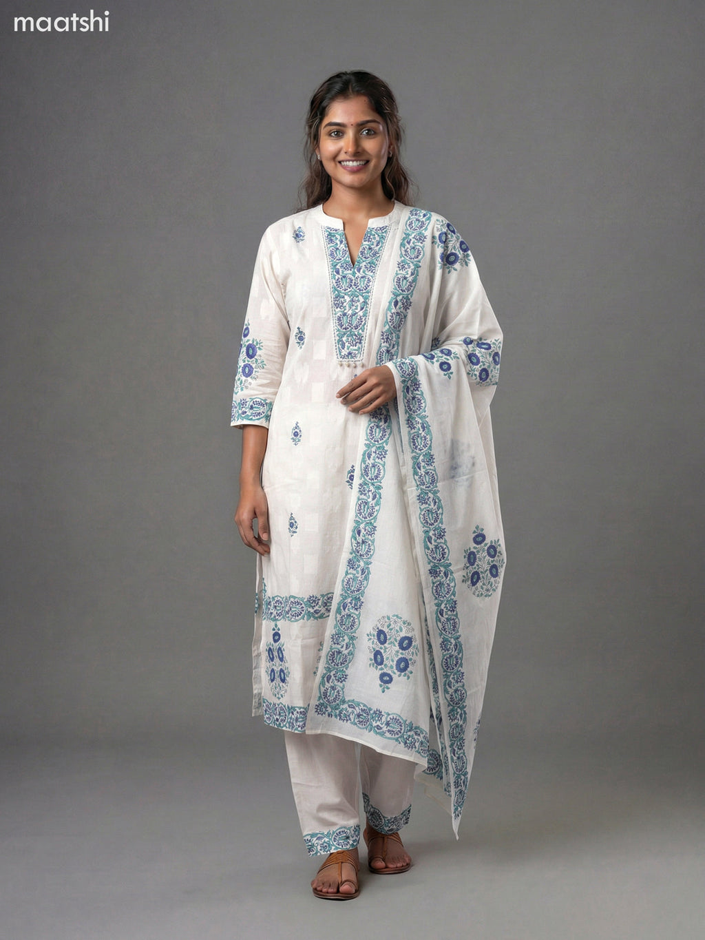 Off White and Blue Shade Cotton Block Printed Straight Suit