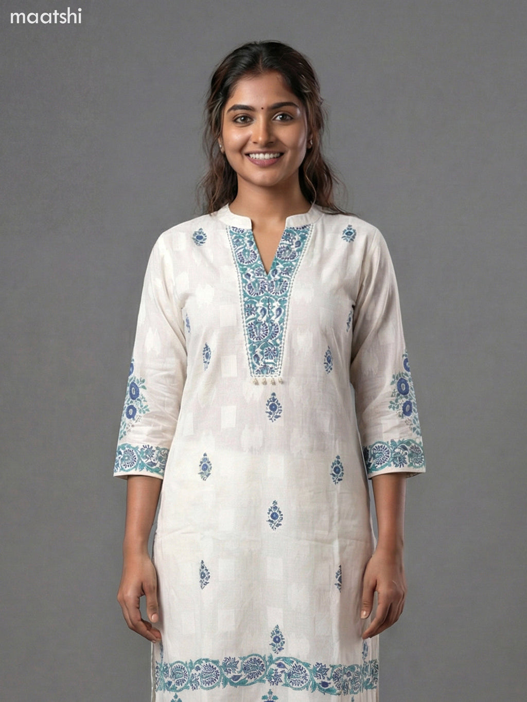 Off White and Blue Shade Cotton Block Printed Straight Suit