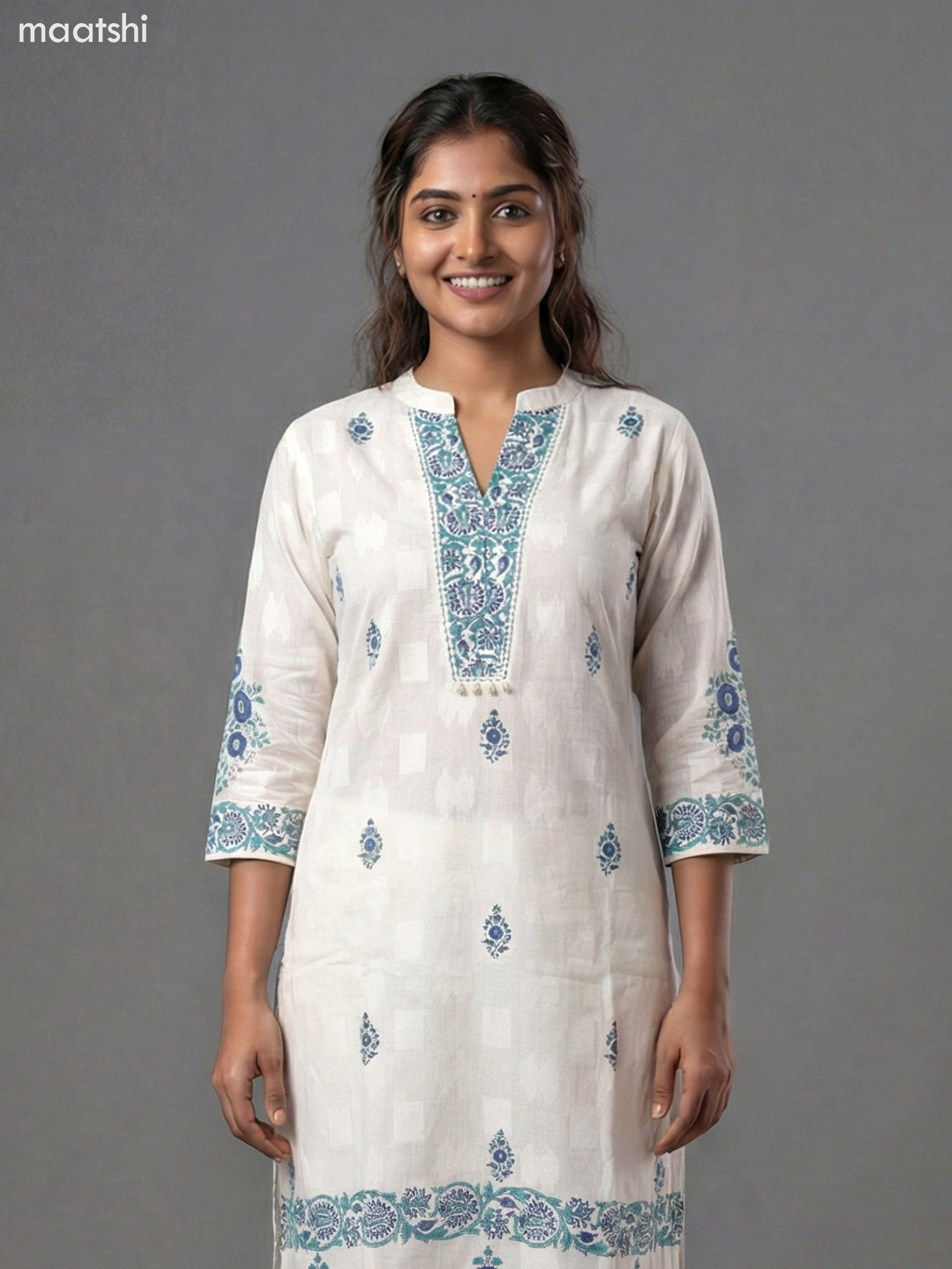 Off White and Blue Shade Cotton Block Printed Straight Suit