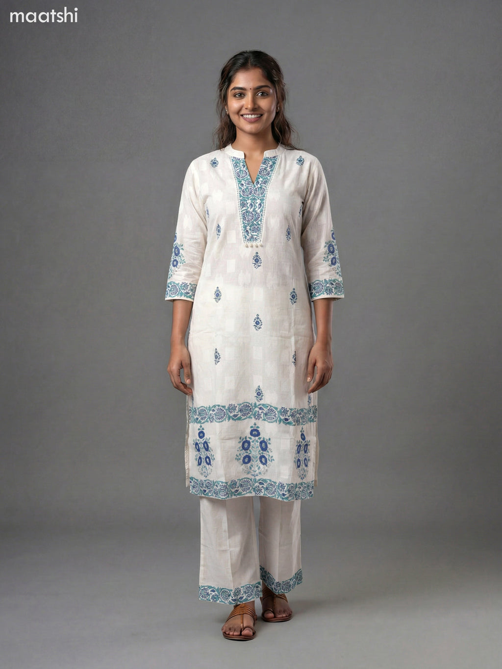 Off White and Blue Shade Cotton Block Printed Straight Suit
