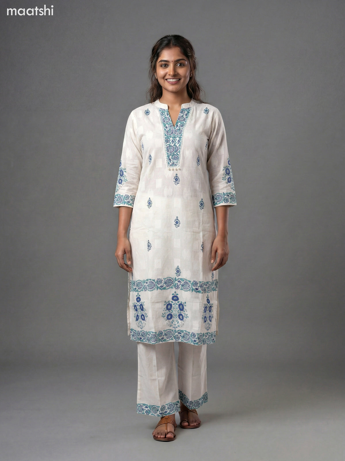 Off White and Blue Shade Cotton Block Printed Straight Suit