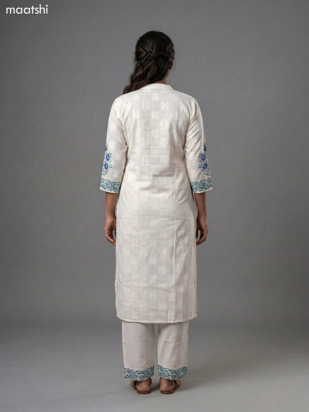 Off White and Blue Shade Cotton Block Printed Straight Suit