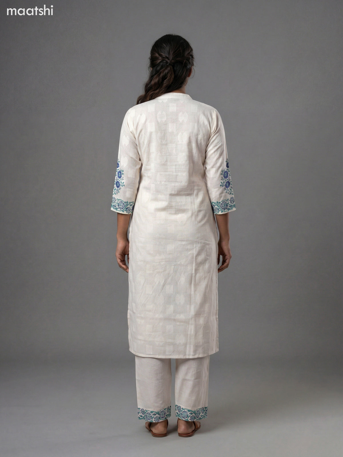 Off White and Blue Shade Cotton Block Printed Straight Suit