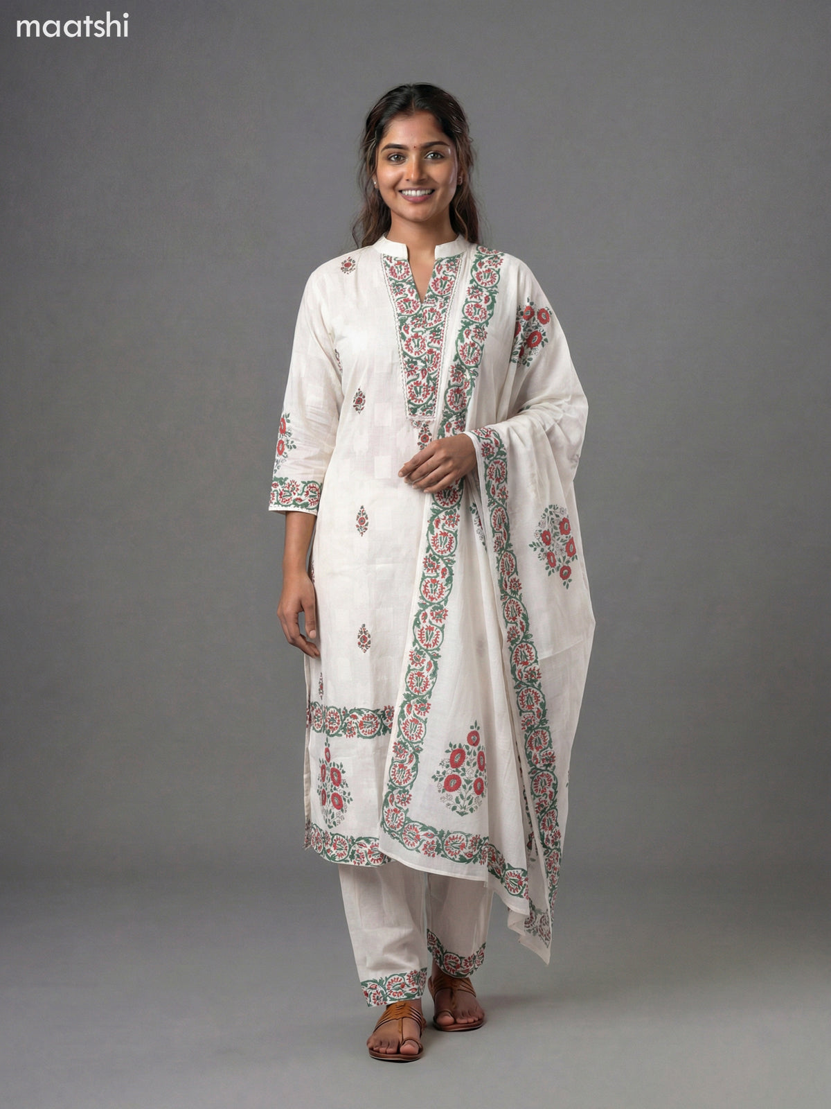 Off White and Green Red Cotton Block Printed Straight Suit