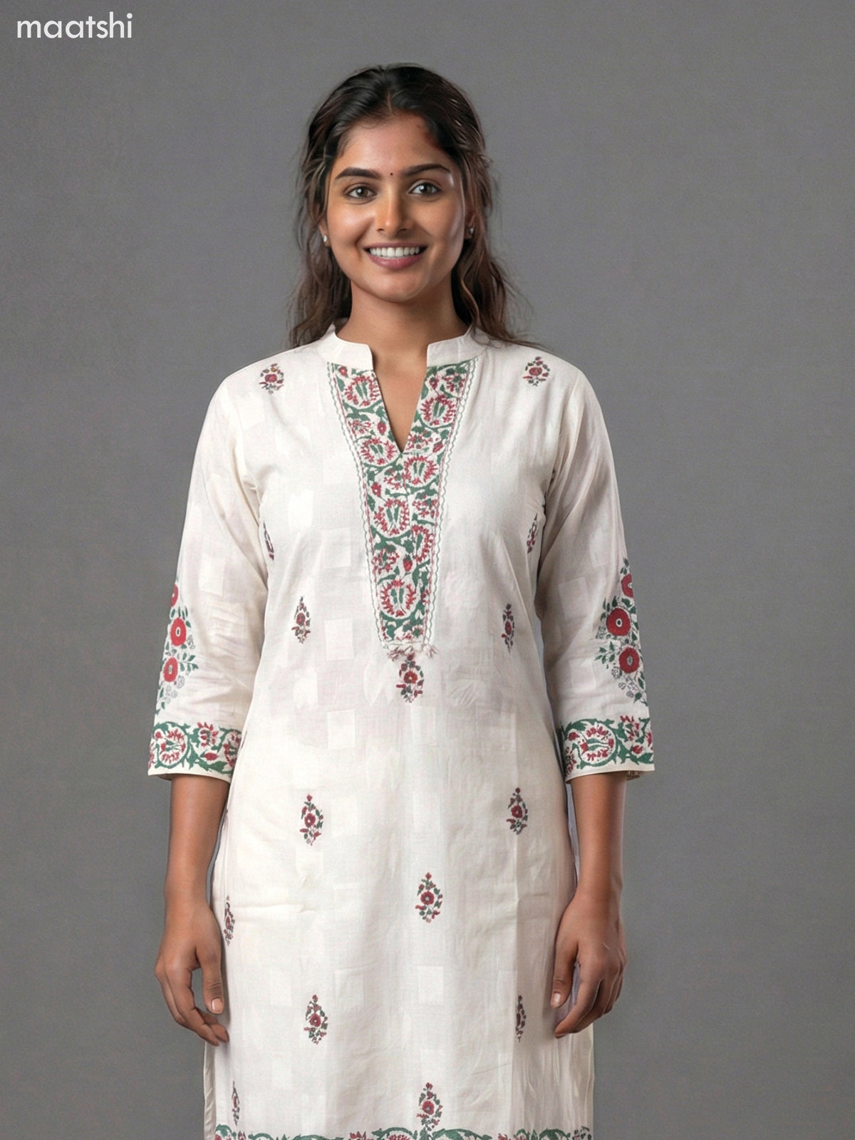 Off White and Green Red Cotton Block Printed Straight Suit