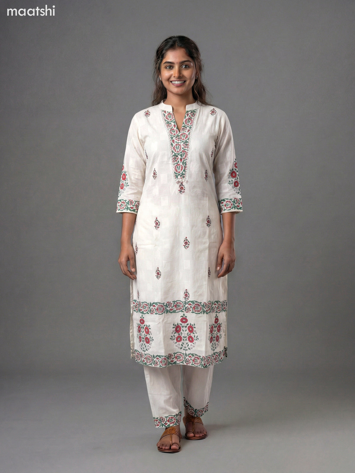 Off White and Green Red Cotton Block Printed Straight Suit