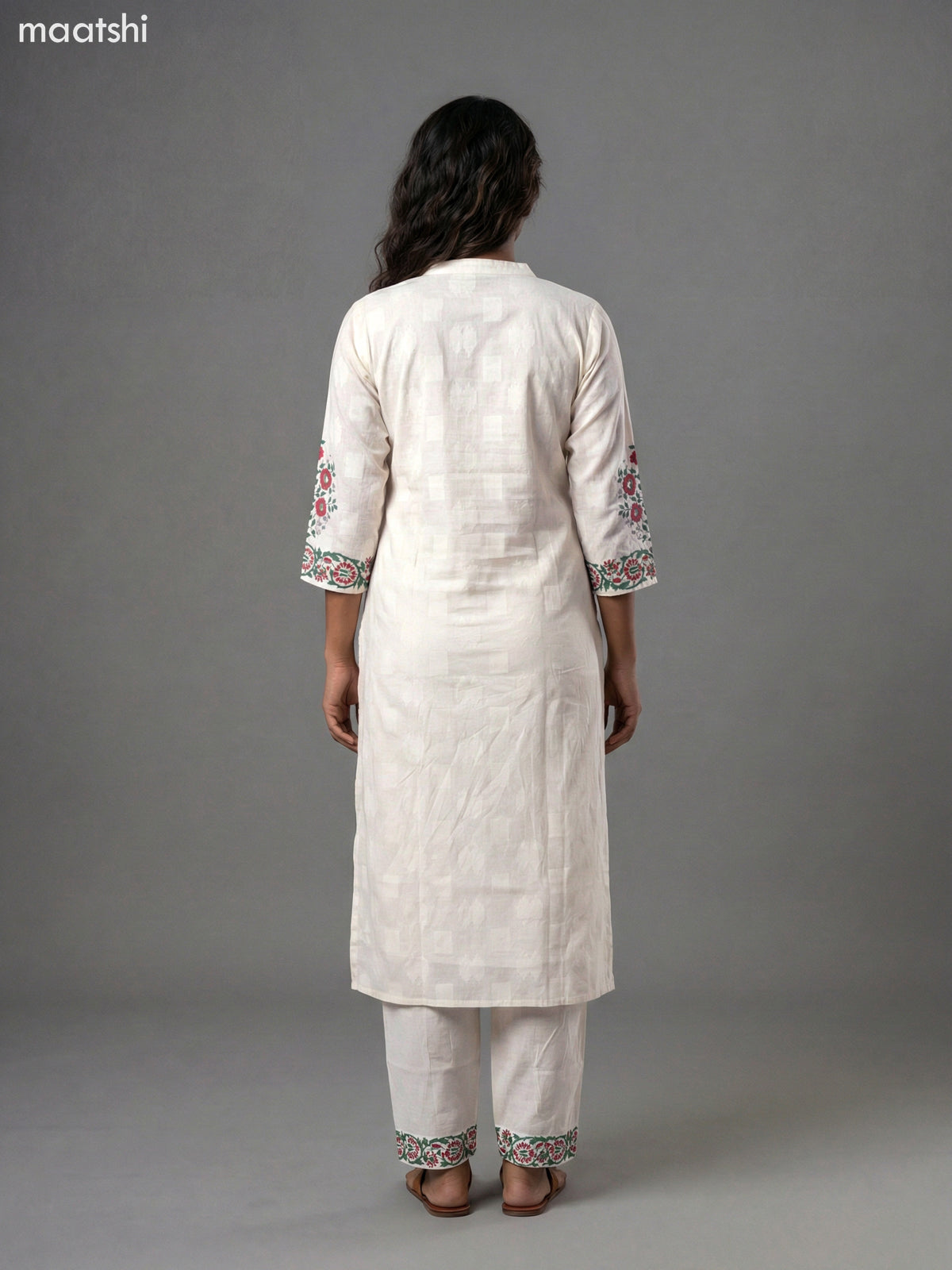 Off White and Green Red Cotton Block Printed Straight Suit